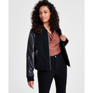 Bar III Women's Petite Small Faux Leather Sleeve Bomber Jacket NWT